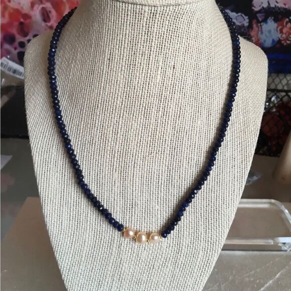 Beaded Blue Sapphire & Pink South Sea Pearl Necklace YGP 14-15g 70-75 Ctw - Picture 9 of 10